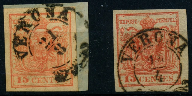LOMBARDEI-VENETIEN 1850 2MARKE: 15C, MP, Type III. und 15C, HP, Type III. VERONA