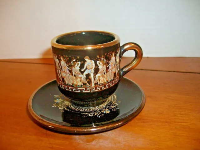 DEMITASSE CUP & SAUCER Hand Made in Greece ~ Brownish Black w/24 kt Gold ~ EUC