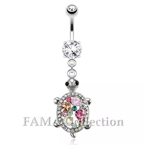 FAMA Turtle with Multi Colour CZs Dangle Navel Ring 316L Surgical Steel