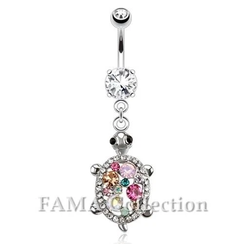 FAMA Turtle with Multi Colour CZs Dangle Navel Ring 316L Surgical Steel