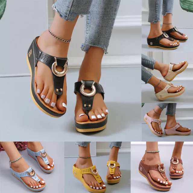 Womens Summer Beach Sandals Casual Flip Flops Ladies Mid Wedge Shoes Size UK 2-8
