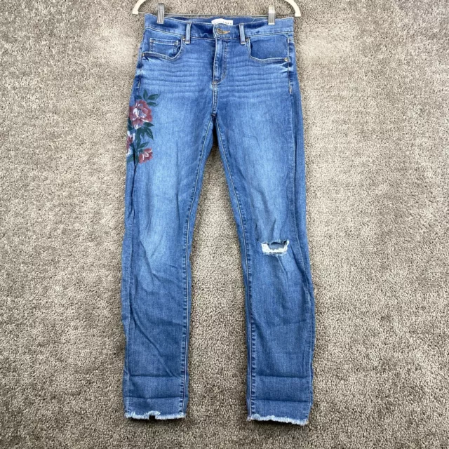 LOFT Made & Loved Modern Skinny Jeans Women's 27/4 Blue Floral Distressed Frayed