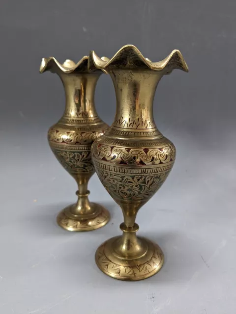 Pair Indian Brass Candlesticks Painted Engraved Vintage Iris Decoration Vintage