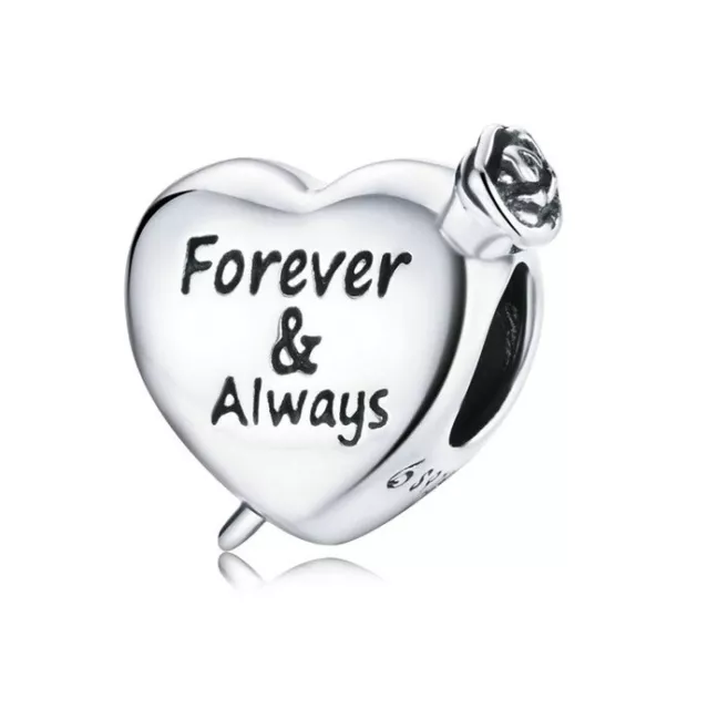 SOLID Sterling Silver Forever & Always Love Heart Rose Charm by YOUnique Designs