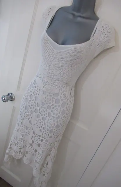 Beautiful  Karen Millen white vintage fit flare hand crochet knit boho Dress 12