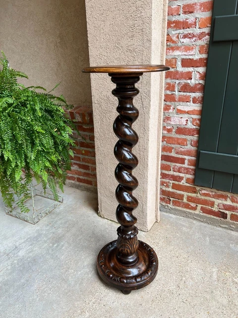 Antique French Pedestal Stand BARLEY TWIST Carved Oak Round Plant Display Column Antique French Pedestal Stand BARLEY TWIST Carved Oak Round Plant Display Column