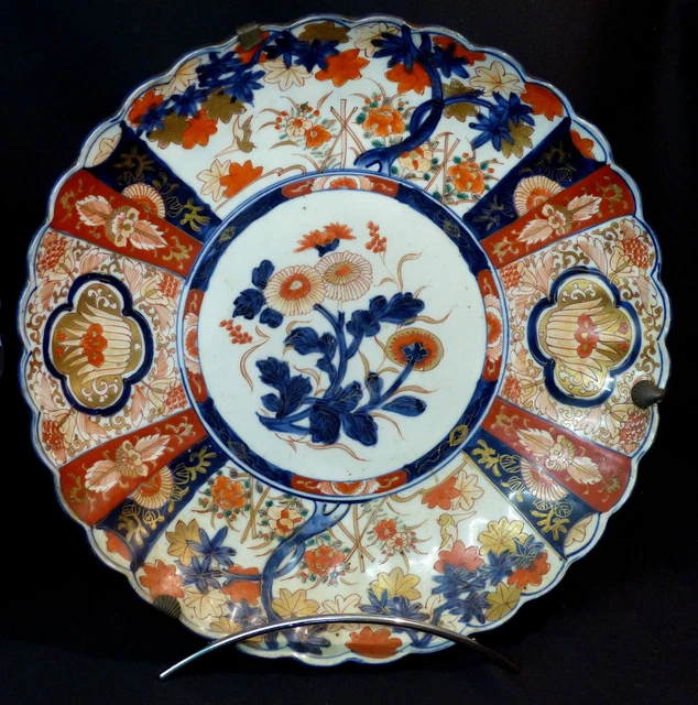 C 1850 belle paire plat 31cm porcelaine fine Japon IMARI jardin animalier coloré 2