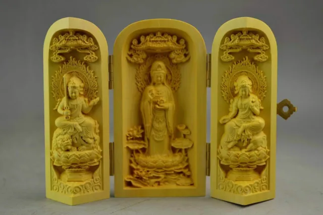 Old Chinese Boxwood hand-Carved Kwan-Yin Buddha Lotus Lucky Can Open Box