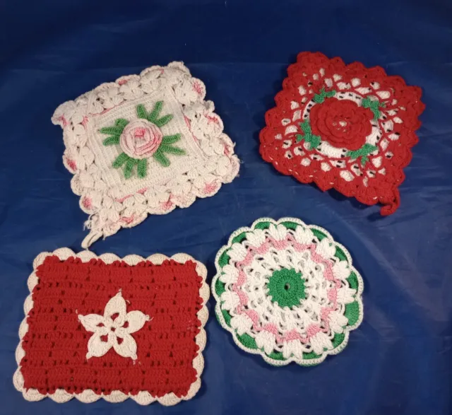 Vintage Crochet Handmade Coasters Pot Holder Hot Pad Red Rose Doily Christmas