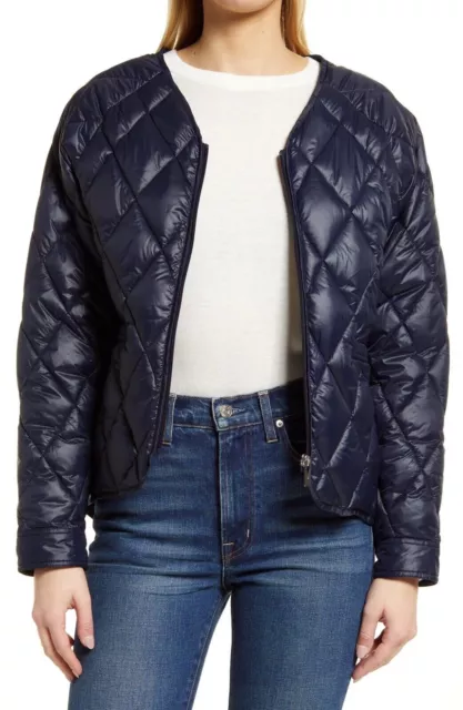 Via Spiga Jacket Women’s Large V- Neck Water Resistant Navy Blue Quilted Puffer