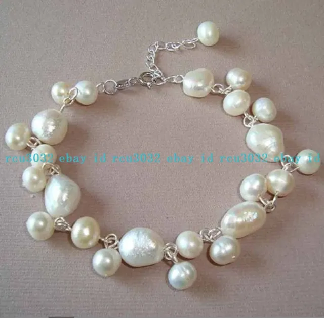 "Brazalete de cuentas de perlas barrocas blancas naturales de 7-12 mm de moda 7-9"""