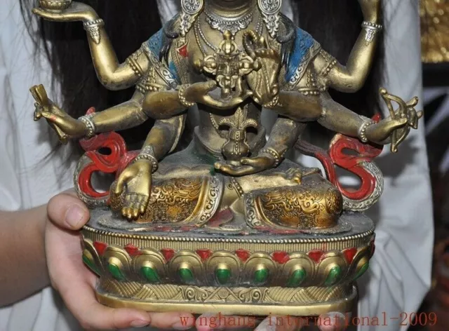 old Tibet bronze painted 3 Head 8 Arms Namgyalma & Ushnishavijaya Buddha Statue 3