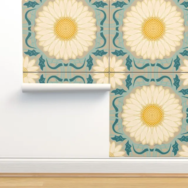 Removable Water-Activated Wallpaper Floral Spanish Tiles Squares Geometric