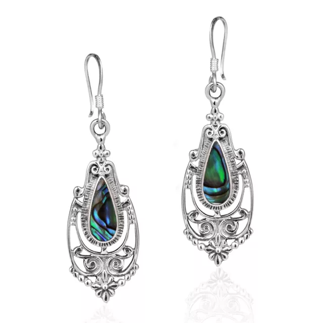 Victorian Style Teardrop Abalone Shell Inlay Sterling Silver Dangle Earrings