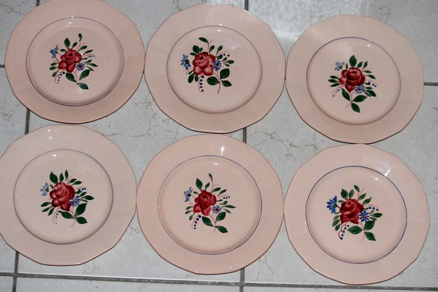 6 assiettes anciennes faience peintes main Sarreguemines Vintage Ceramic Plates