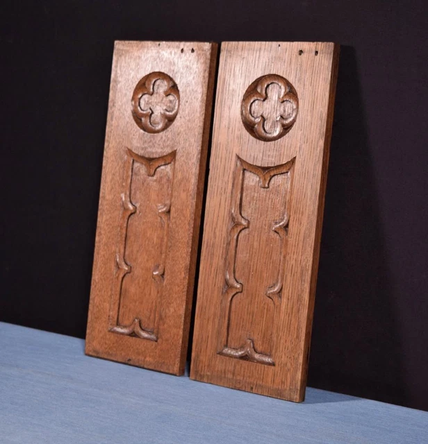 *Pair of Gothic Carved Architectural Panels/Trim in Solid Oak Wood Salvage 2