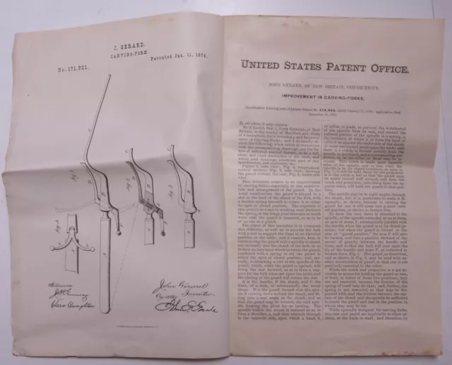 Pre-1919 Patent Notice J Gerard Improve Carving Fork #171931 1876 Ephemera L926C