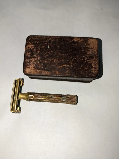 Gillette Aristocrat Gold Plated Safety Razor & Dispenser W/ Original Leather Box