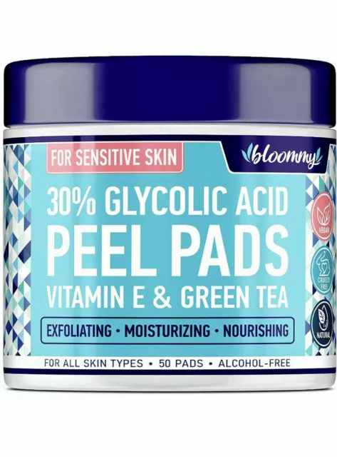 Glycolic Acid Pads Peel for Sensitive Skin Vitamin E & Green Tea - AHA - 50 Pads