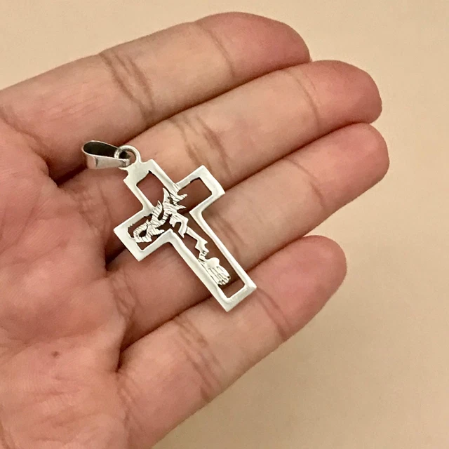 Mexican 925 Silver Taxco Unisex Religious Cut Out JESUS Profile Cross Pendant