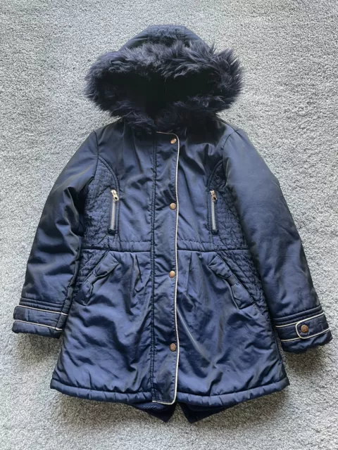 TED BAKER Girls Navy Quilted Coat Age 10 Fur Hood