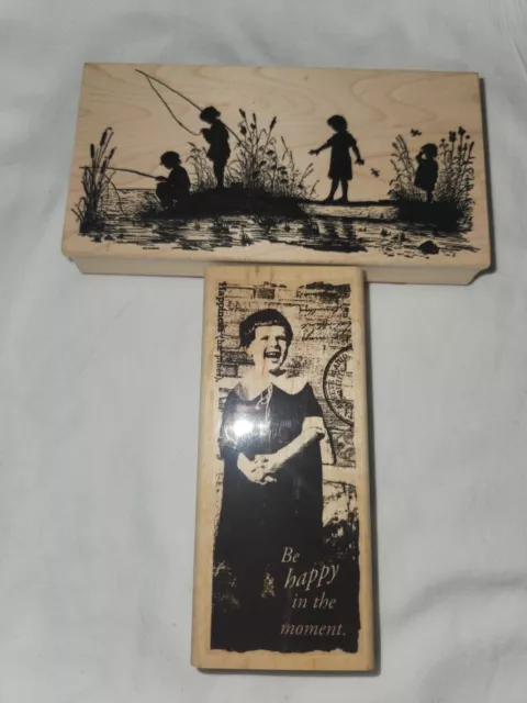 Wood Mount Rubber Stamp Girl Boy Childrem Playing 2pc Lot