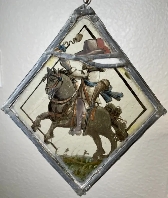 Antique 17th Century Stained Glass Window Panel Dutch Soldier Horse Baroque Man