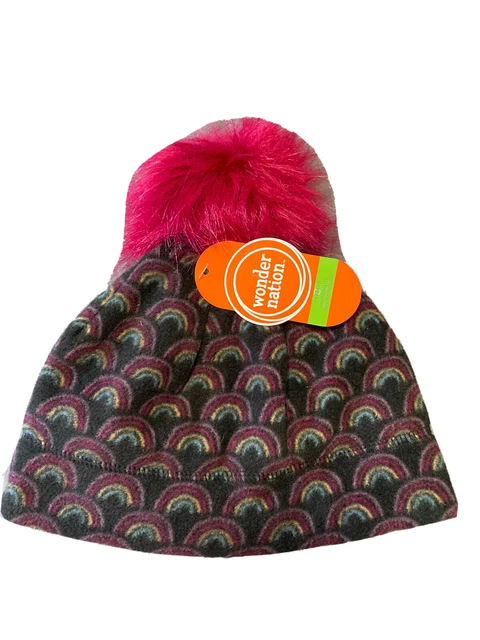 Wonder Nation Girls Microfleece Beanie Hat with Faux Fur Pom Pom Rainbows One SZ
