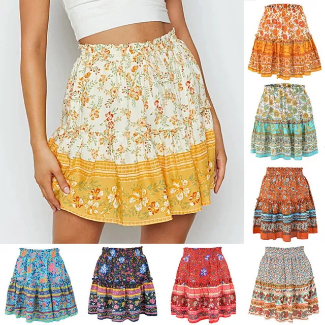 Womens Boho Floral Print Skater Mini Skirt Beach High Waist Pleated Ruffle Skirt