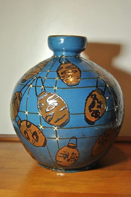 Grand Vase Boule En Céramique - Motifs Paons Et Floraux - Fait Main - 35 Cm