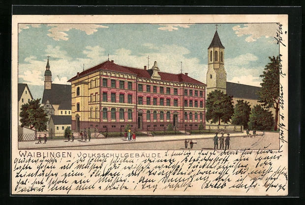 Künstler-AK Waiblingen, Volksschulgebäude mit Kirche 1904