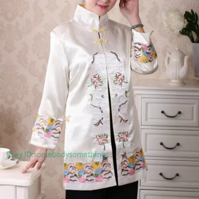 Womens Embroidery Imitated Silk Satin Chinese Style Tang Coat Long Jacket Retro 3