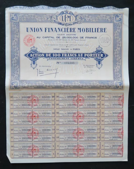 Action 1929 UNION FINANCIERE MOBILIERE PARIS titre bond share 5