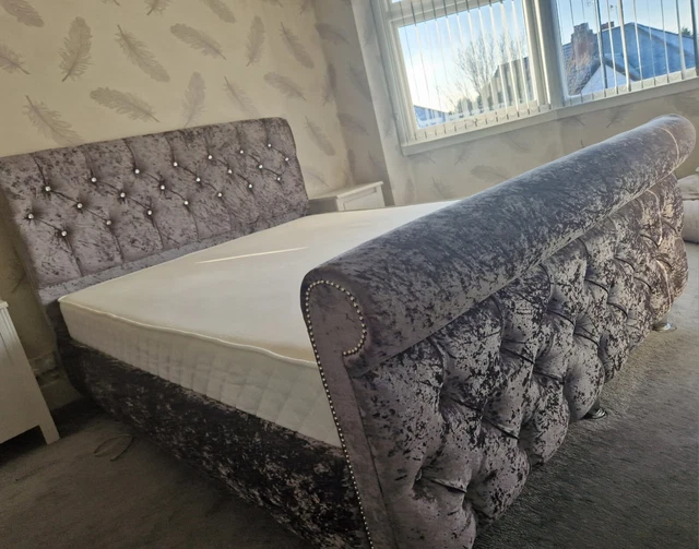 CHESTERFIELD KING SIZE Sleigh Bed, Crushed Velvet With Orthopedic Foam Mattres £195.00 PicClick UK
