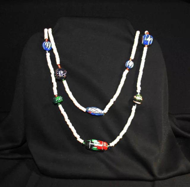 Vintage Hand Carved and Glass Bead Puka Shell - Tribal Necklace Lei / Hawaiian