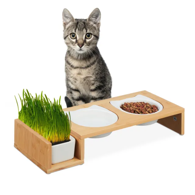 Katzen Futterstation mit Katzengras Schale, Fressnapf Katze, Katzennapf Keramik