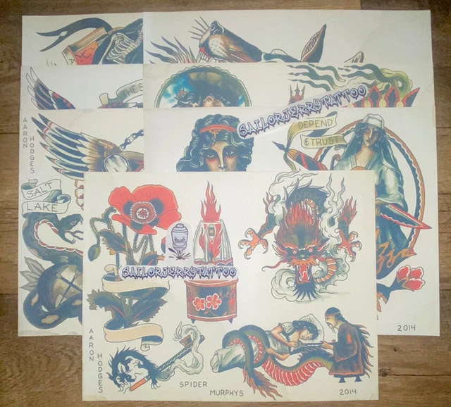 """Aaron Hodges"" 2014 ¡Spider Murphys 7 hojas tatuaje flash lote!