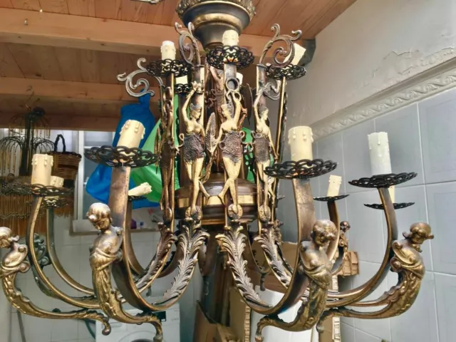 Antigua Lampara En Bronce Figura De Mujer Seminude E Cariátides 15 Luces 17KG