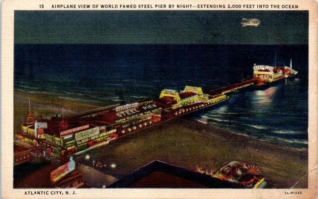 Postcard N.J. Atlantic City Airplane View Steel Pier By Night Beach Lights Blimp