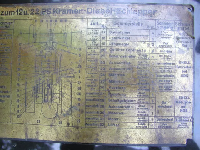 Schmierplan für 12PS und 22PS Kramer Diesel Schlepper, Messingschild