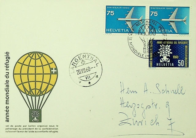 SWITZERLAND 1960 WORLD REFUGEE YEAR BALLOON POST NEUCHATEL COVER W/ PAIR+ 50c