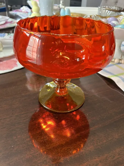Vintage MCM Italian Empoli Orange Red Yellow Glass Footed Open Compote Bowl