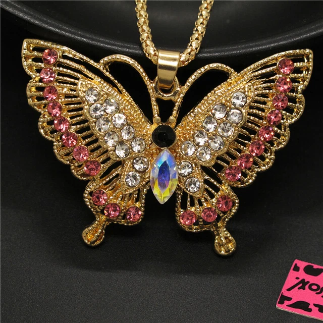 New Red Rhinestone Cute Butterfly Crystal Pendant Betsey Johnson Chain Necklace