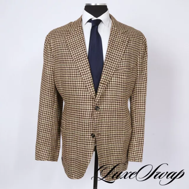 #1 MENSWEAR BIG GUYS Drakes Italy Silk Linen Brown Maxi Houndstooth Jacket 64 NR