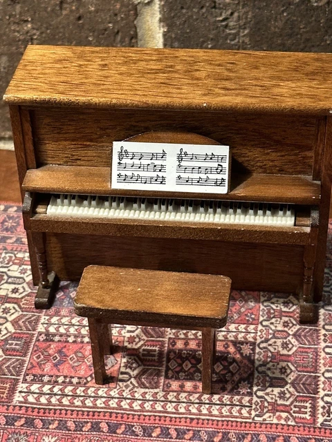 Vintage Miniature Upright Piano with Stool dollhouse Miniatures