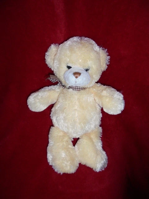 Doudou Peluche Planet Pluch Ours Jaune Ruban Vichy Marron 29 cm