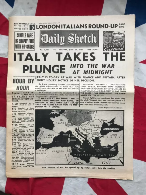 WW2 Newspaper COPY 1940 Italy At War Mussolini Mediterranean Theatre of War