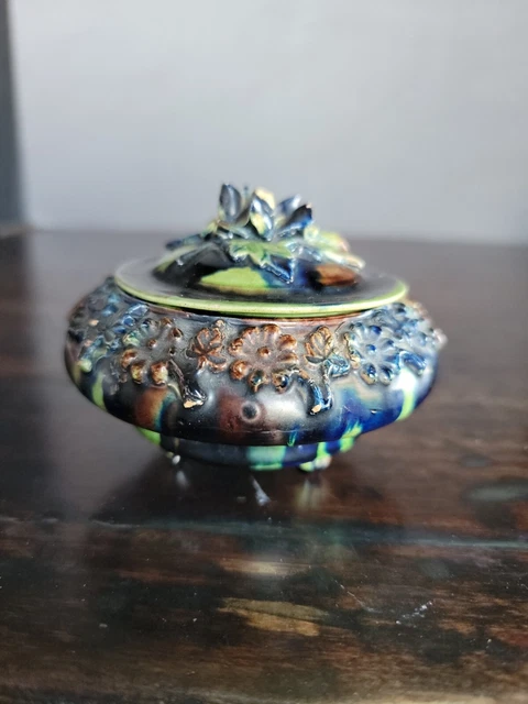 Vintage Art Pottery Majolica trinket bowl lid Antique brown blue green beautiful