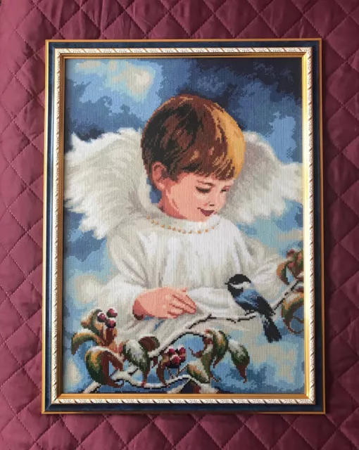 Cute Angel Finished cross Stitch Framed Art handcrafted Needlepoint