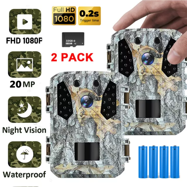 2 Pack-1080P Hunting Game Trail Camera 20MP Wildlife Waterproof Cam Night Vision